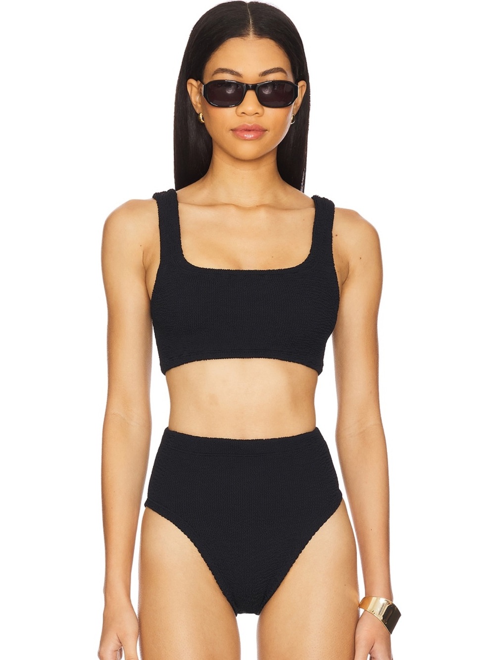 Hunza G Patricia Bikini Black One Size Crinkle Square Neck High Waist Bikini OS